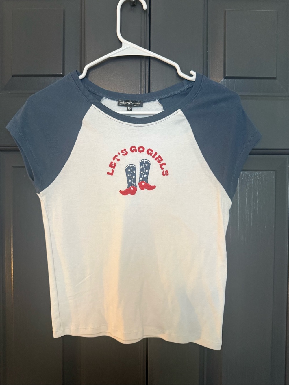 Womans Raglan Tee with Patriotic Boot Graphic - Blue & White